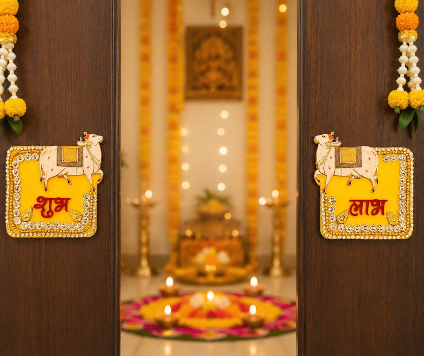 2 Pair Shubh Labh | Cow, Lotus, Elephant & Peacock Design | Decorative Entrance Door  | Pooja Room, Home, Office & Diwali Decoration