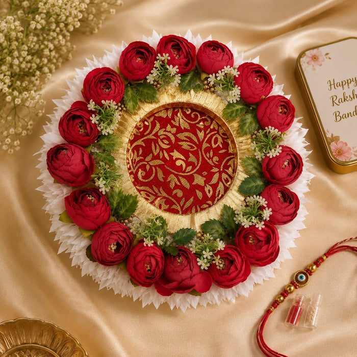 Handmade Floral Rakhi Platter/Pionee Platter  – Decorative Flower Rakhi Tray with Artificial Roses  for Wedding, Engagement | Pooja Platter, Center Table Decor,Gifting ( Rakhi Platter with Rakhi And Roli Chawal )