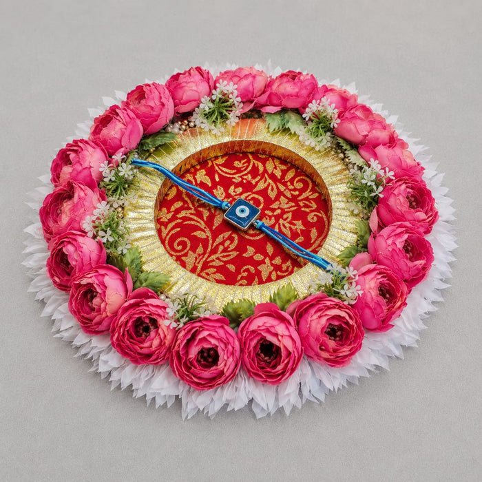 Handmade Floral Rakhi Platter/Pionee Platter  – Decorative Flower Rakhi Tray with Artificial Roses  for Wedding, Engagement | Pooja Platter, Center Table Decor,Gifting ( Rakhi Platter with Rakhi And Roli Chawal )
