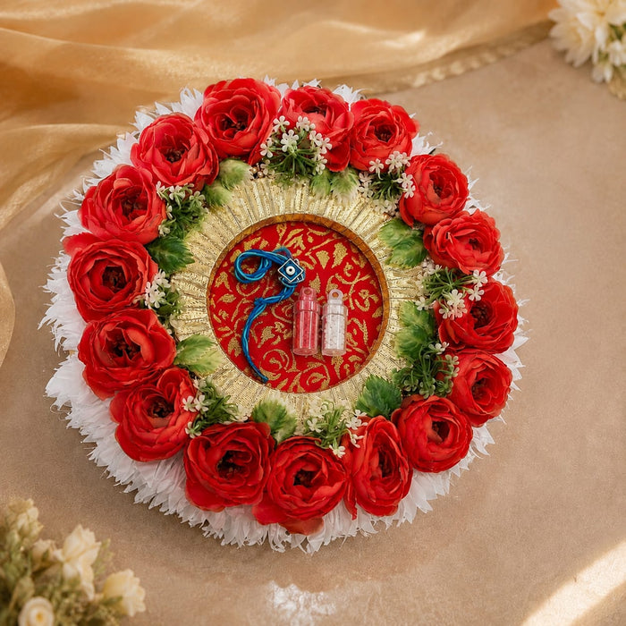 Handmade Floral Rakhi Platter/Pionee Platter  – Decorative Flower Rakhi Tray with Artificial Roses  for Wedding, Engagement | Pooja Platter, Center Table Decor,Gifting ( Rakhi Platter with Rakhi And Roli Chawal )