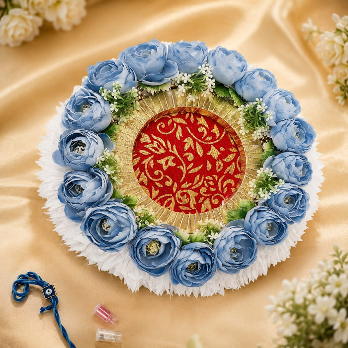Handmade Floral Rakhi Platter/Pionee Platter  – Decorative Flower Rakhi Tray with Artificial Roses  for Wedding, Engagement | Pooja Platter, Center Table Decor,Gifting ( Rakhi Platter with Rakhi And Roli Chawal )