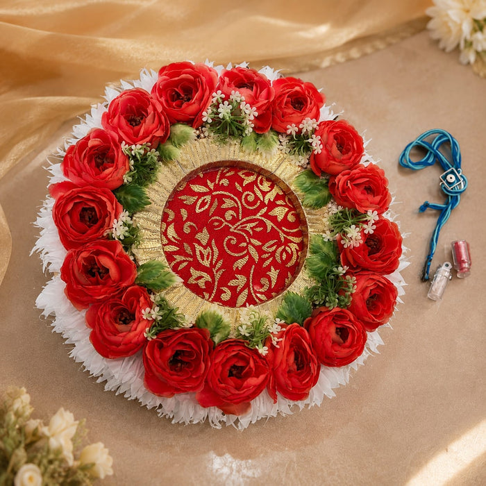 Handmade Floral Rakhi Platter/Pionee Platter  – Decorative Flower Rakhi Tray with Artificial Roses  for Wedding, Engagement | Pooja Platter, Center Table Decor,Gifting ( Rakhi Platter with Rakhi And Roli Chawal )