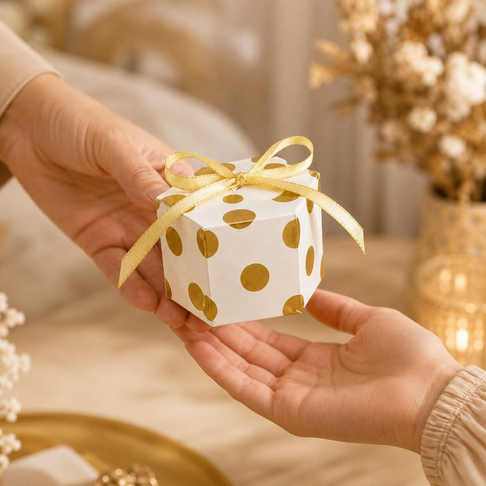 50 Pcs Hexagon Paper Gift Box with Ribbon, Gift Packaging Box for Wedding Return Gifts, Birthday Favours, Chocolate, Dry Fruit, Jewellery, Cosmetics, Baby Shower & Festive Hamper Packing