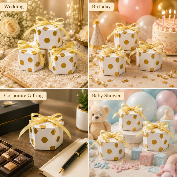 50 Pcs Hexagon Paper Gift Box with Ribbon, Gift Packaging Box for Wedding Return Gifts, Birthday Favours, Chocolate, Dry Fruit, Jewellery, Cosmetics, Baby Shower & Festive Hamper Packing
