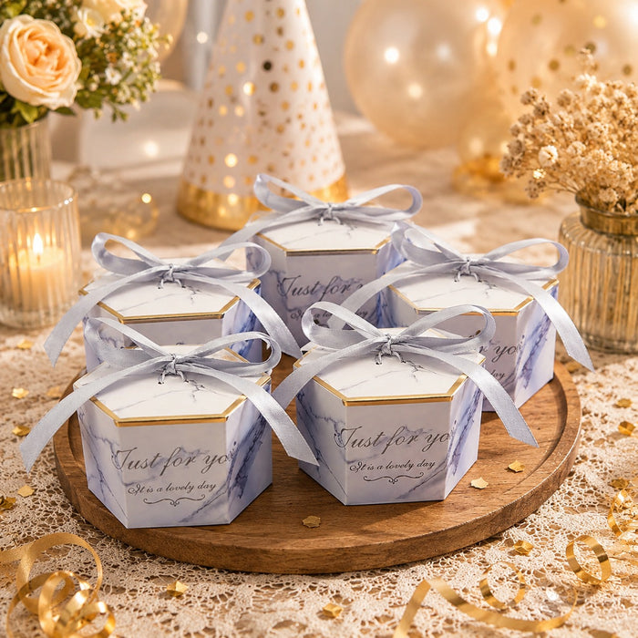 50 Pcs Hexagon Paper Gift Box with Ribbon, Gift Packaging Box for Wedding Return Gifts, Birthday Favours, Chocolate, Dry Fruit, Jewellery, Cosmetics, Baby Shower & Festive Hamper Packing