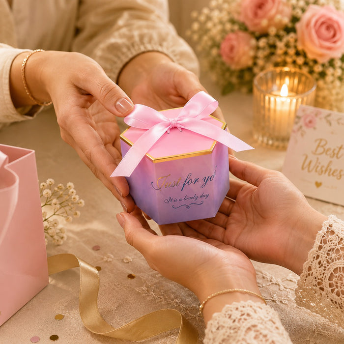 50 Pcs Hexagon Paper Gift Box with Ribbon, Gift Packaging Box for Wedding Return Gifts, Birthday Favours, Chocolate, Dry Fruit, Jewellery, Cosmetics, Baby Shower & Festive Hamper Packing