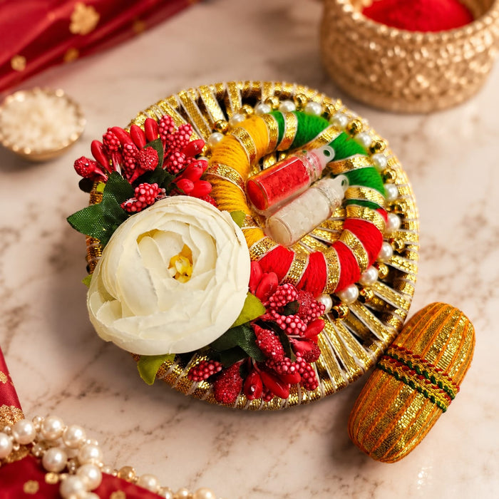 Handcrafted Rakhi Roli Chawal Thali (4 inch) with Gatt Nariyel, Roli Chawal  | Festive Raksha Bandhan Platter