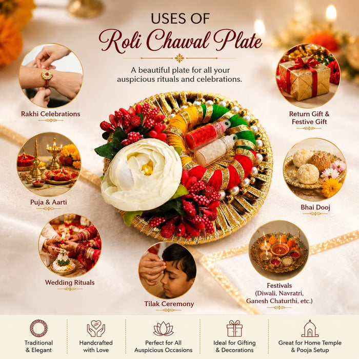 Handcrafted Rakhi Roli Chawal Thali (4 inch) with Gatt Nariyel, Roli Chawal  | Festive Raksha Bandhan Platter