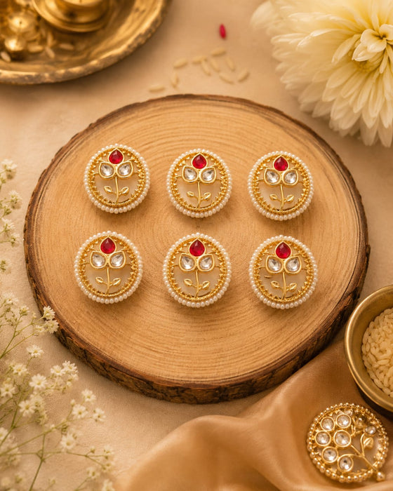 6 pcs Rakhi Premium Kundan Pearl Round Embellishment | Decorative Craft Embellishments for Rakhi, Lumba, Gift Packing, Trousseau, DIY Jewelry & Festive Decoration