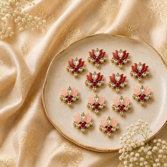 12 Pcs Lotus Kundan Rakhi Charms for DIY Rakhi Making | Enamel Metal Lotus Charms with Stone | Premium Raksha Bandhan Craft Supplies
