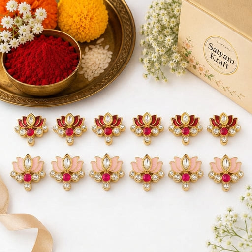 12 Pcs Lotus Kundan Rakhi Charms for DIY Rakhi Making | Enamel Metal Lotus Charms with Stone | Premium Raksha Bandhan Craft Supplies