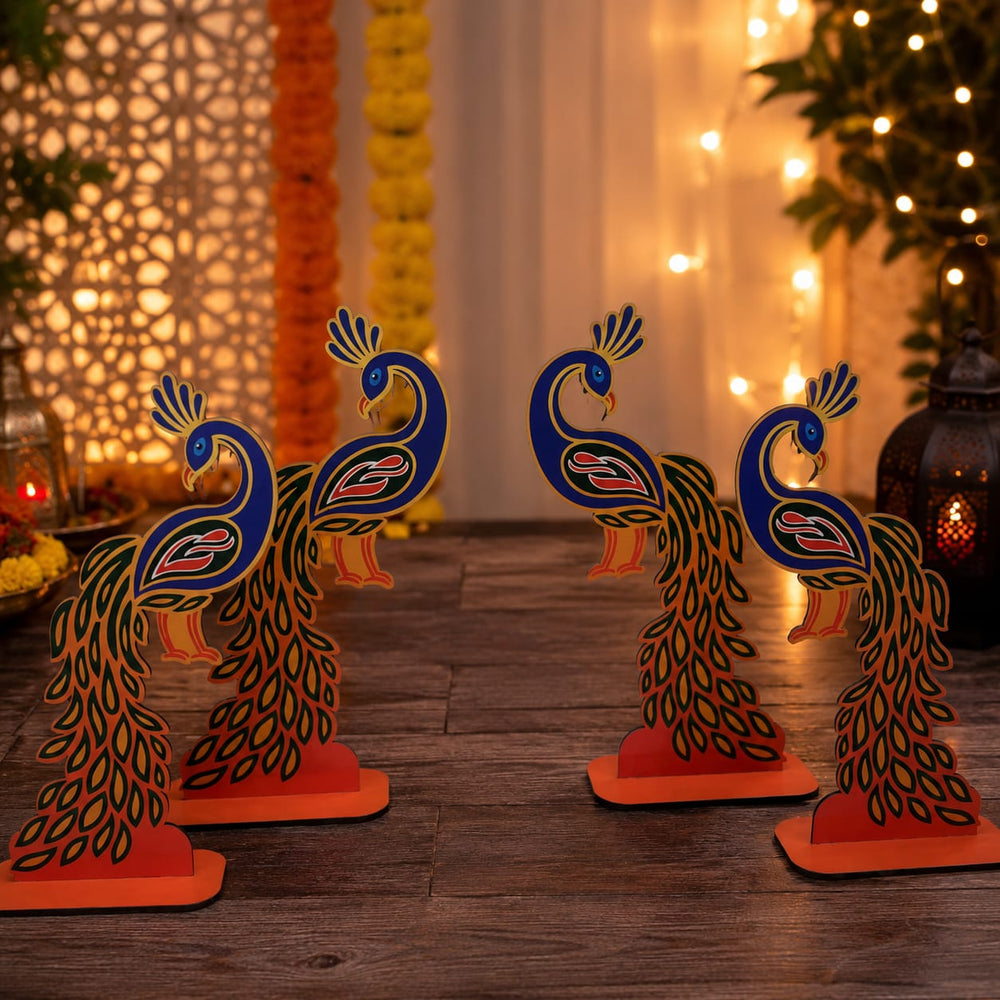 2 Pair (4 Pcs) MDF Peacock Cutout Pair With Stand | Traditional & Premium Decorative Peacock for Janmashtami, Krishna Jhula, Pooja, Festival, Mandir & Home Decoration