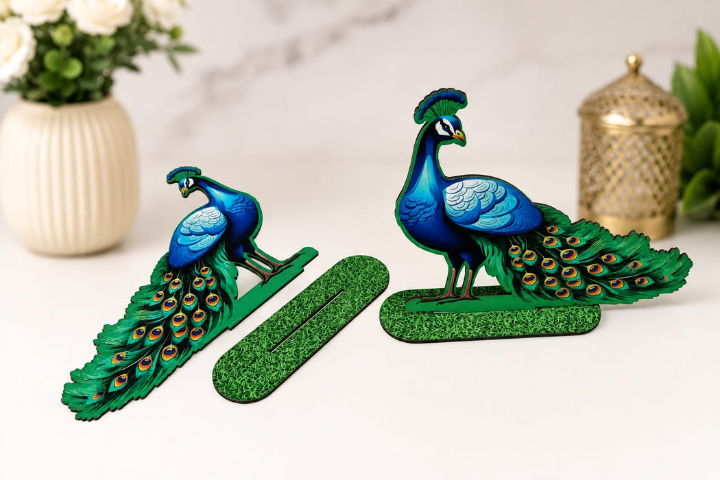 2 Pair (4 Pcs) MDF Peacock Cutout Pair With Stand | Traditional & Premium Decorative Peacock for Janmashtami, Krishna Jhula, Pooja, Festival, Mandir & Home Decoration