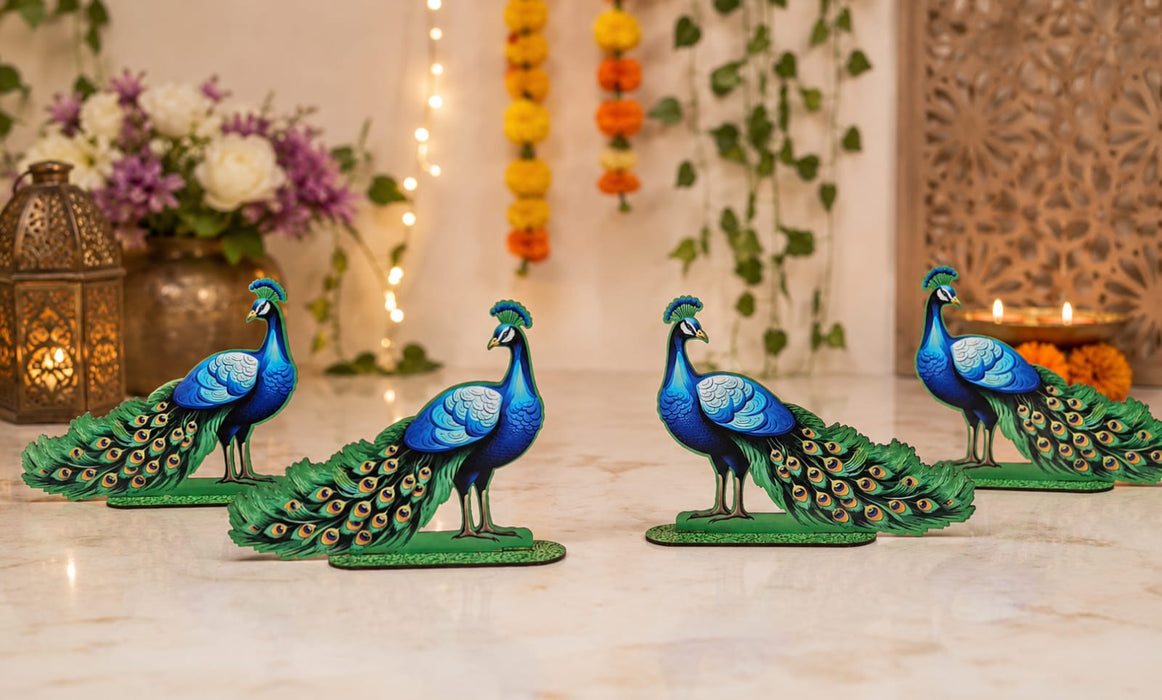2 Pair (4 Pcs) MDF Peacock Cutout Pair With Stand | Traditional & Premium Decorative Peacock for Janmashtami, Krishna Jhula, Pooja, Festival, Mandir & Home Decoration