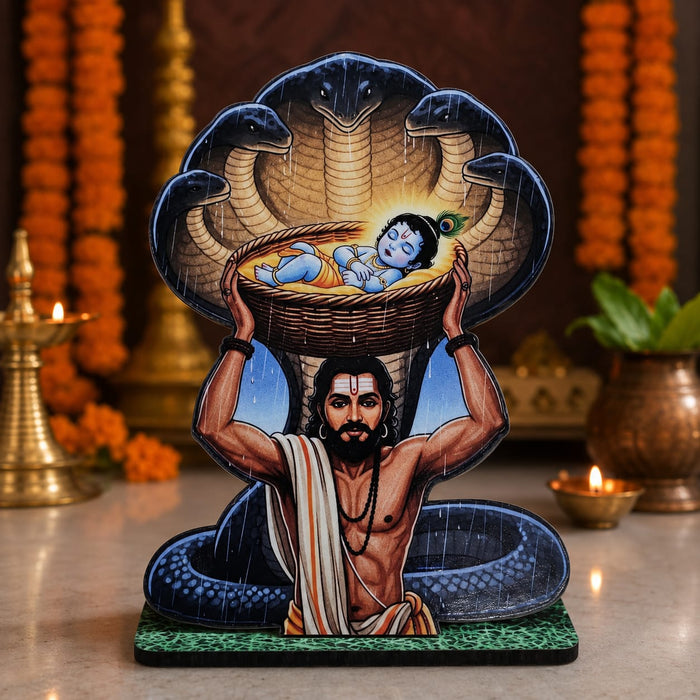 13 Pcs MDF Krishna Jhanki  Cutout  Set with stand   (Approx. 4 x 5 Inch) | Bal Krishna Leela Mini Table Top Decor for Janmashtami, Krishna Jhula, Mandir, Pooja & Festival Decoration
