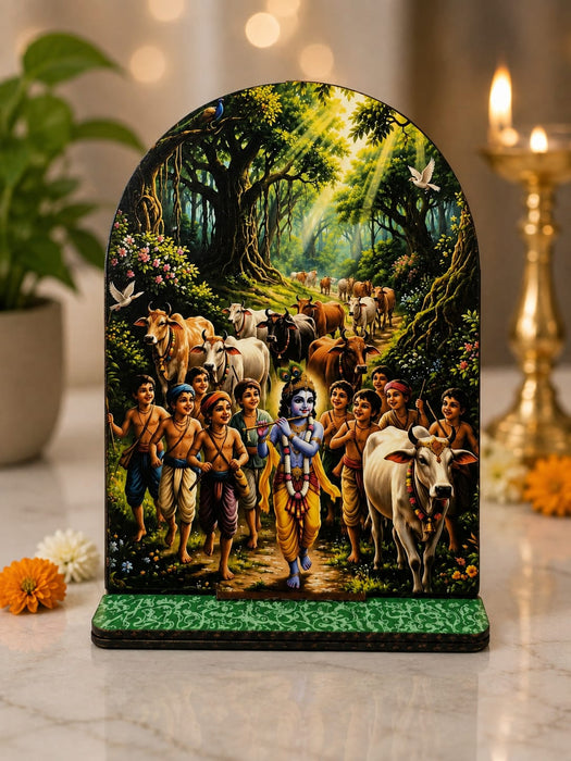 13 Pcs MDF Krishna Jhanki  Cutout  Set with stand   (Approx. 4 x 5 Inch) | Bal Krishna Leela Mini Table Top Decor for Janmashtami, Krishna Jhula, Mandir, Pooja & Festival Decoration