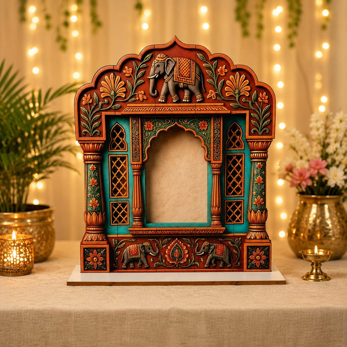 3D Look Ganpati Backdrop MDF | 3 Royal Designs – Elephant, Peacock & Palace | Decorative Backdrop for Ganpati Decoration, Mandap, Pooja & Home Temple  Description