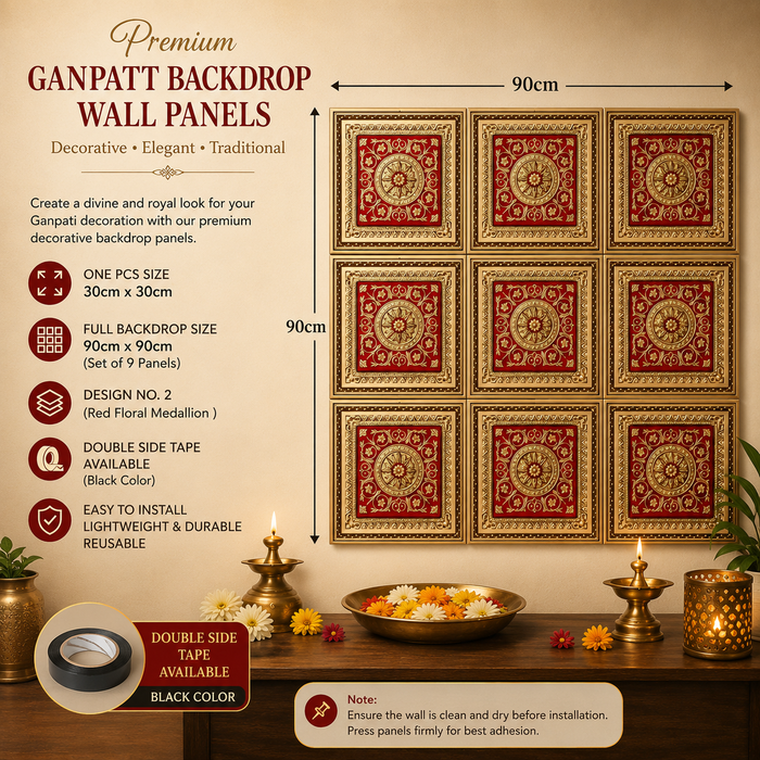 Premium Ganpati  Bappa Backdrop Wall Panels (9 pcs set) | 30 × 30 CM Each Panel | 90 × 90 CM DIY Mandap Background | 9 Panels | 3 Designs | Includes Double-Sided Tape