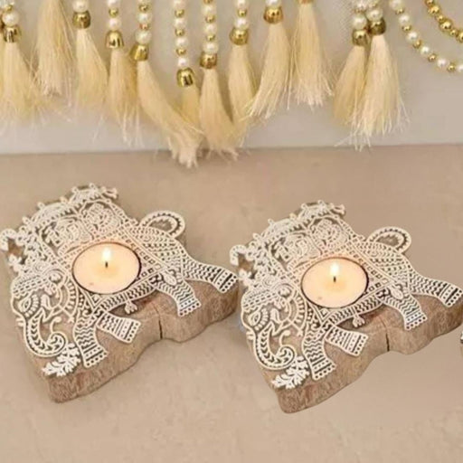 2 Pcs Wooden Candle Holder with 2 wax candle, Floor Decoration Reusable for Puja decor.