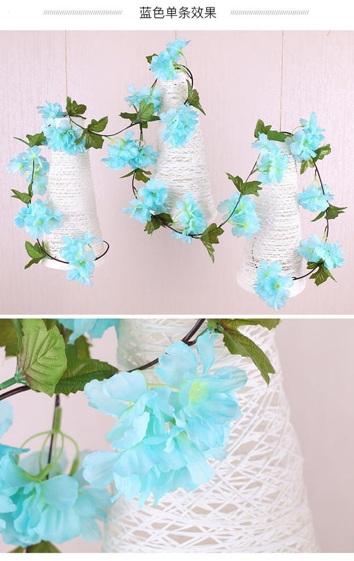 Artificial Cherry Blossom Rattan Flowers(Sky Blue) Wall Hanging Decorative Vine String Lines Items for Diwali Decoration, Backdrop for Pooja Room, Home Decor (230 cm)