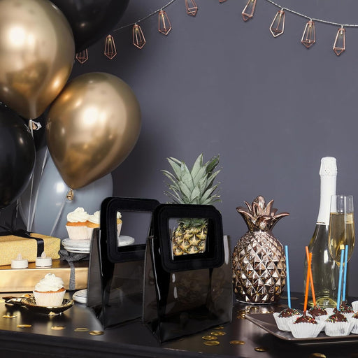 6 Pcs Transparent Gift Bag with Square Handle | Gift Bag for Her / Him,Handle hamper bag, Carry Bags, shopping gift bag, Presents, Packing, Wedding Return Gifts, Birthday, Events, Festivals (Black, 18 x 20 cm)