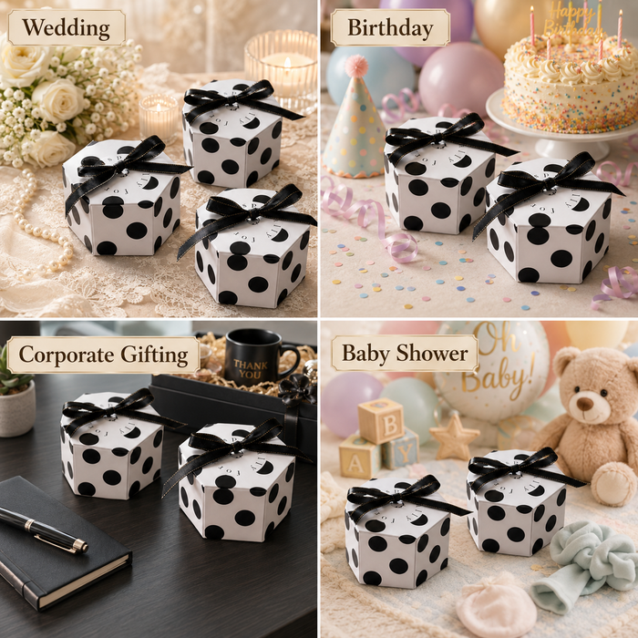 50 Pcs Hexagon Paper Gift Box with Ribbon, Gift Packaging Box for Wedding Return Gifts, Birthday Favours, Chocolate, Dry Fruit, Jewellery, Cosmetics, Baby Shower & Festive Hamper Packing