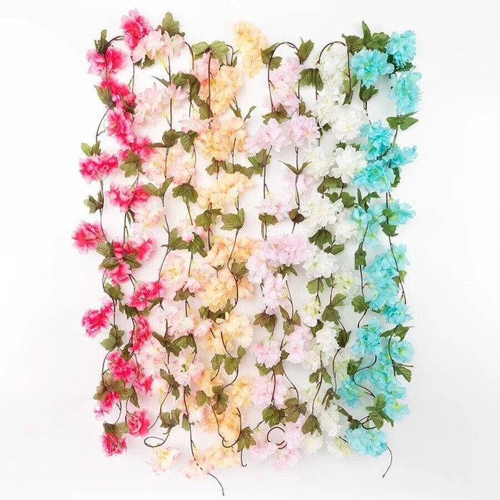 Artificial Cherry Blossom Rattan Flowers(Sky Blue) Wall Hanging Decorative Vine String Lines Items for Diwali Decoration, Backdrop for Pooja Room, Home Decor (230 cm)