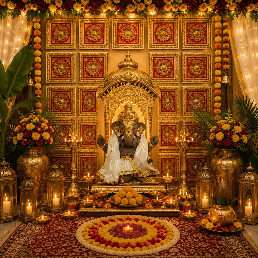 Ganpati Mandap Backdrop 6x6 Feet | 7 Decorative PVC Panels + 1 Temple Zarukho | Premium Ganesh Decoration Backdrop