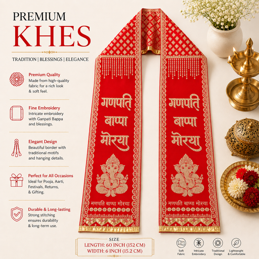Ganpati Bappa Morya Khes  | Devotional Printed Puja Stole | 66 × 6 Inch | Ganesh Festival, Visarjan, Bhajan