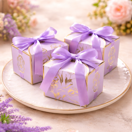 Small Size Square Shape Decorative Folding Storage Box With Ribbon for Return Gift, Birthday, Boxes, Occasions, Perfect for Packing Chocolate, Dry Fruits (Purple)