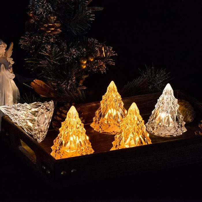 12 pcs Acrylic Crystal Chritsmastree Design Flameless and Smokeless Led Tea Light Candle for Gifting,House, Light for Balcony, Room, Birthday, Festival Christmas Decoration