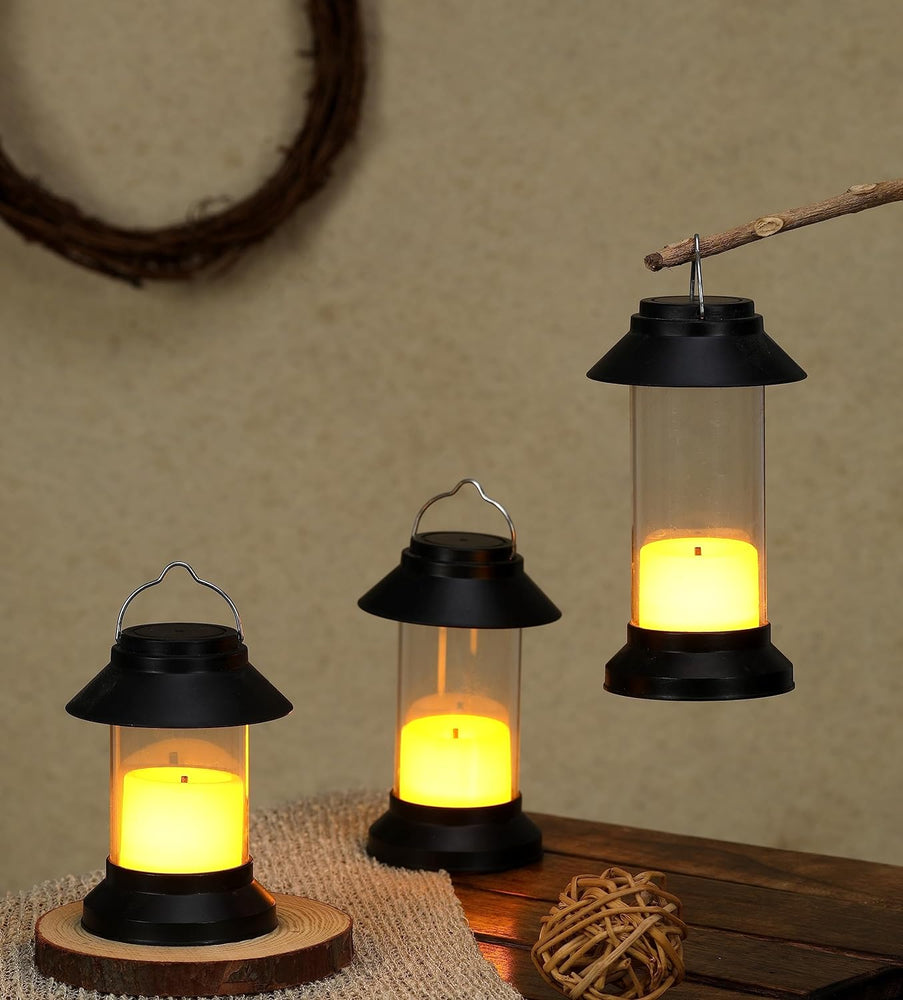 SATYAM KRAFT 3 Pcs Flameless and smokeless Acrylic Antique LED Hurricane Lantern Lamp and Wireless Wall Hanging Candle for Home,Living Room, Wall Decor, Diwali Decorations (small)