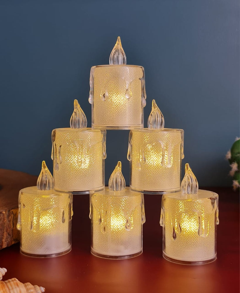12 pcs Flameless and Smokeless Crystal Dripping Design Acrylic led Candles Tea Light Candle Perfect for Home Decor,Gifting,Festival,Events,Party Decoration (Yellow) (Medium)