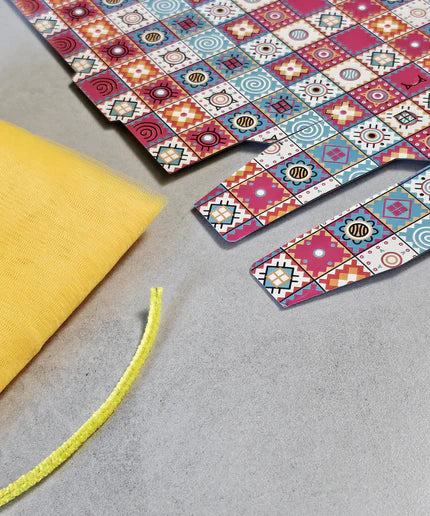 14x10 inch Pichwai Foil Folding Tray Multipurpose Decorative Folding Paper Box Net Rectangle Cardboard Box with Yellow Net DIY Tray for Gift Hamper, Gifting (Cardboard Folding Paper Box)