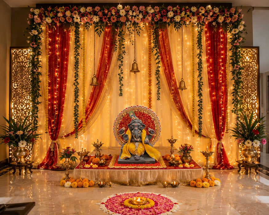 Premium Ganpati & Kanha Ji Singhasan Backdrop Set | Red Gold Finish Mirror Lace | square size 31×31 cm ,  Round Backdrop 31x31 cm  | Pooja Decoration
