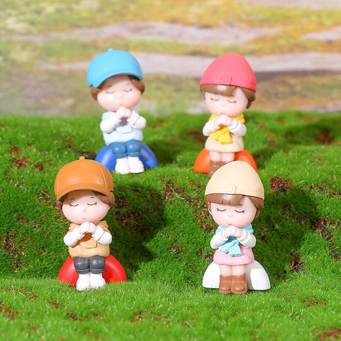 SATYAM KRAFT 1 Set of Praying Kid Miniature Figurines Multiuse as Decorations, Cake Topper, Toys, Showpieces, Gift Item (2 Boys,2 Girls, Multicolor)
