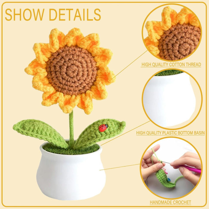 3 Pcs Handmade Sunflower & Daisy Crochet Flowers with Pot Completed Hand Woven Sunflowers Daisy Knitted Potted flower Plants Cute Knitted Flower pot for Home Decoration,Table Top,Table Decoration,Knitted sunflower pot gift for her/him.