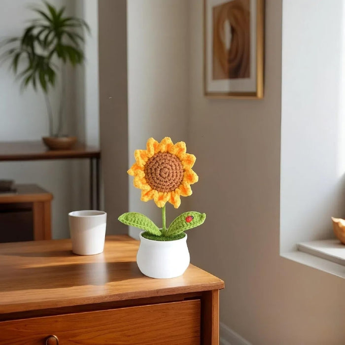 3 Pcs Handmade Sunflower & Daisy Crochet Flowers with Pot Completed Hand Woven Sunflowers Daisy Knitted Potted flower Plants Cute Knitted Flower pot for Home Decoration,Table Top,Table Decoration,Knitted sunflower pot gift for her/him.