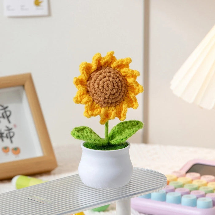 3 Pcs Handmade Sunflower & Daisy Crochet Flowers with Pot Completed Hand Woven Sunflowers Daisy Knitted Potted flower Plants Cute Knitted Flower pot for Home Decoration,Table Top,Table Decoration,Knitted sunflower pot gift for her/him.