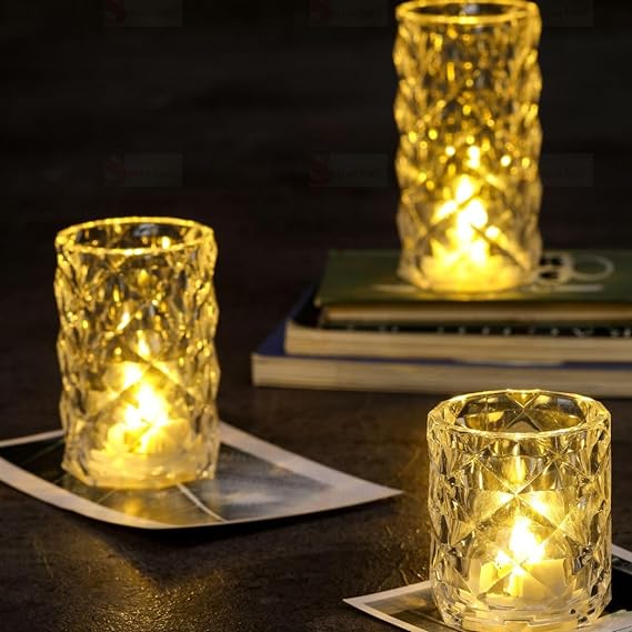 3 Pcs Crystal Flameless and Smokeless Decorative Transparent Candles Acrylic Tealight Candle Perfect for Gifting, Home(large)