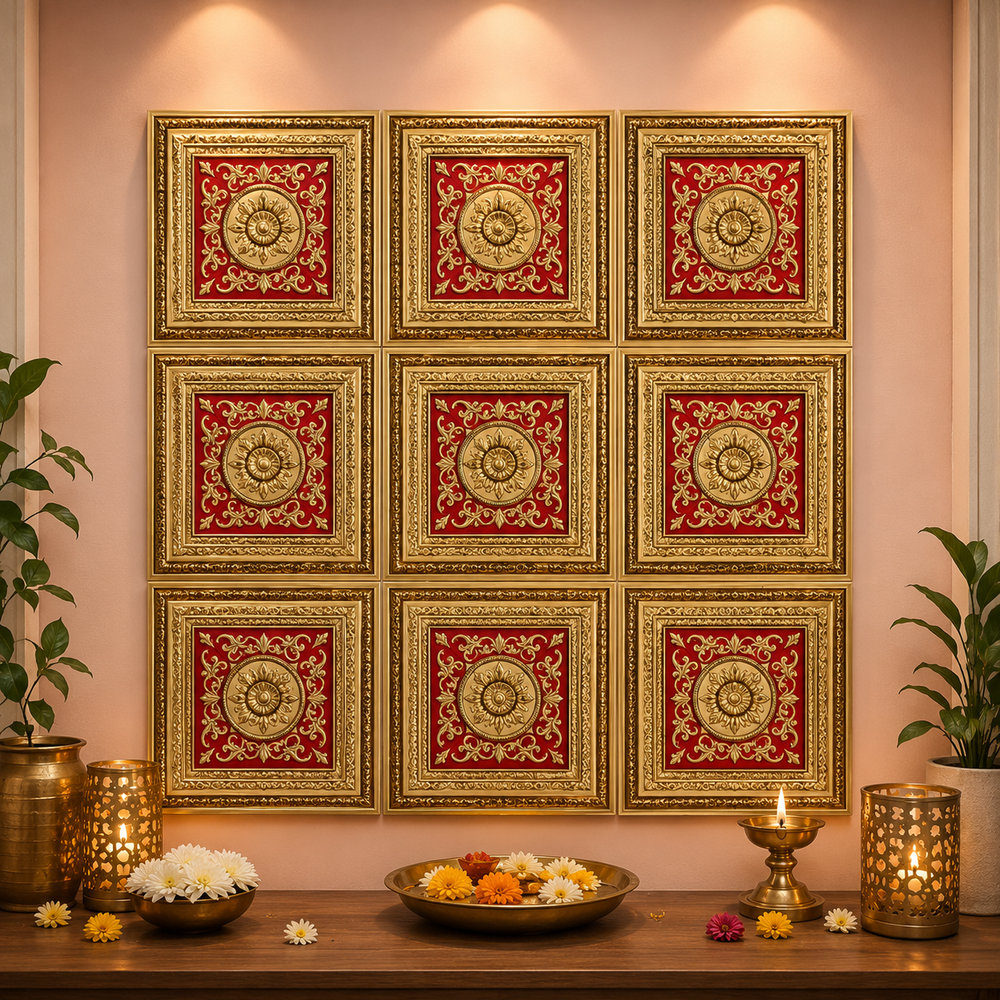 Premium Ganpati  Bappa Backdrop Wall Panels (9 pcs set) | 30 × 30 CM Each Panel | 90 × 90 CM DIY Mandap Background | 9 Panels | 3 Designs | Includes Double-Sided Tape