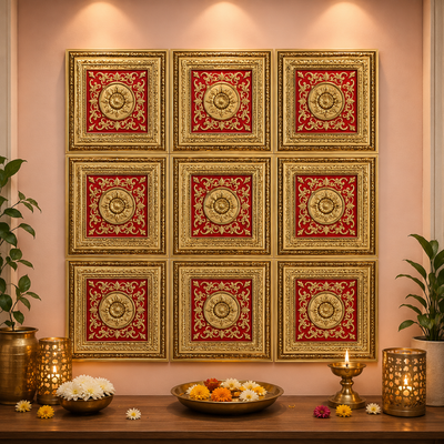 Premium Backdrop Wall Panels (9 pcs set) | 30 × 30 CM Each Panel For Ganpati , Janmashtami , Durga pooja  and Diwali  | 90 × 90 CM DIY Mandap Background | 9 Panels | 3 Designs | Includes Double-Sided Tape