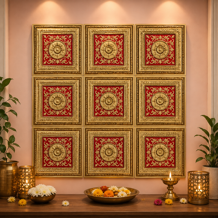 Premium Ganpati  Bappa Backdrop Wall Panels (9 pcs set) | 30 × 30 CM Each Panel | 90 × 90 CM DIY Mandap Background | 9 Panels | 3 Designs | Includes Double-Sided Tape
