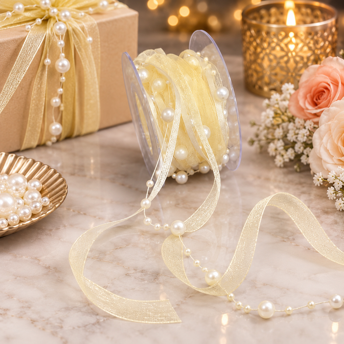 Pearl Beads Lace Ribbon Roll (4.5 Meter) for Decoration, Gift Packing, Wedding, DIY Craft & Hamper Decoration