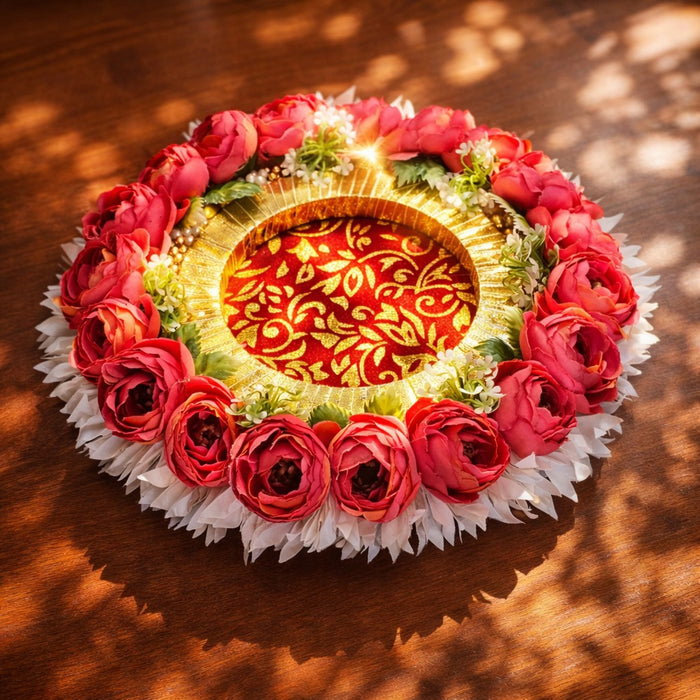 Handmade Floral Ring Platter/Pionee Platter  – Decorative Flower Ring Tray with Artificial Roses  for Wedding, Engagement | Pooja Platter, Center Table Decor,Gifting