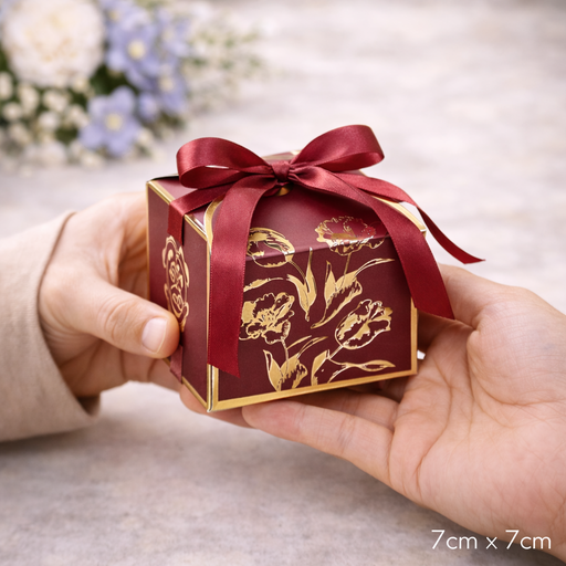 Small Size Square Shape Decorative Folding Storage Box With Ribbon for Return Gift, Birthday, Boxes, Occasions, Perfect for Packing Chocolate, Dry Fruits (Maroon)