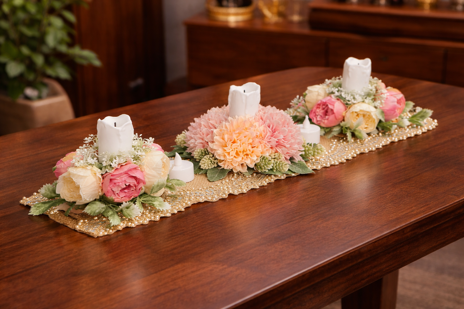 Artificial Flower Center Table Runner Candle Holders with LED candle for Center Table Decor, LED Tealight Candle with Artificial Floral Arrangement, Home Decoration, Housewarming, Wedding, and Festive Decor