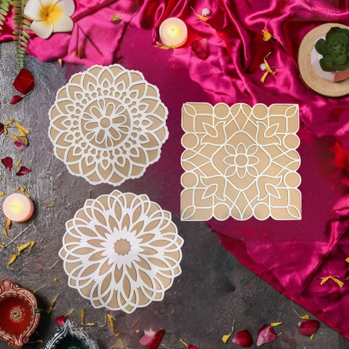 SATYAM KRAFT 3 PCS MDF Rangoli Mat with Wooden Base. Easy to Use. Just Fill It Up with Rangoli,Flowers,Pulses Inland Rangoli Stencils Border for Floor Home Diwali Decoration DIY (Advance Pack of 3)