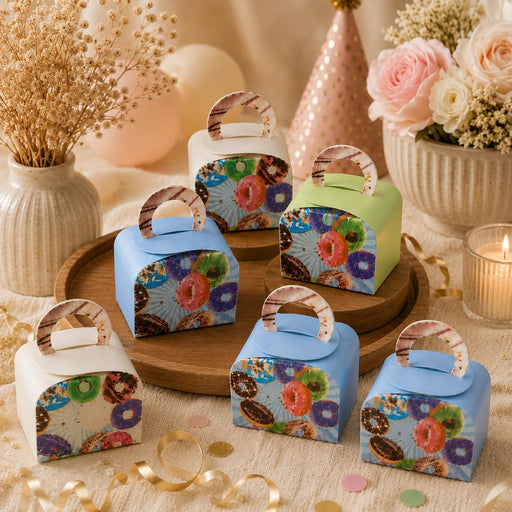 50 Pcs Random Donut Print Paper Gift Box with Handle for Chocolates, Candies, Cookies, Pastry, Bakery Packing, Birthday Return Gifts, Kids Party Favors, Wedding & Baby Shower Gifting, Multi Colour Gift Packaging Box