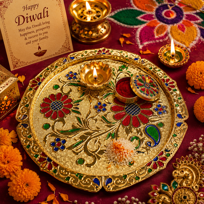 Elegant Plastic Pooja Thali Set with Decorative Kumkum Dabbi | 19 x 19 cm Raksha Bandhan Aarti Thali | Traditional Puja Thali for Rakhi, Ganesh Pooja, Diwali & Daily Worship
